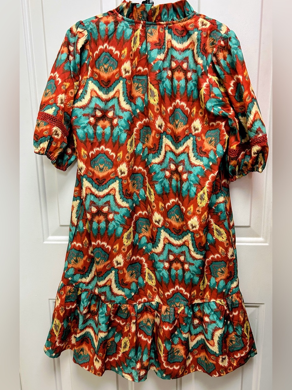 Joy Joy Rust, Teal & Gold Boho Print Mini Dress with Ruffle Hem and Lace Trim - Picture 4 of 14